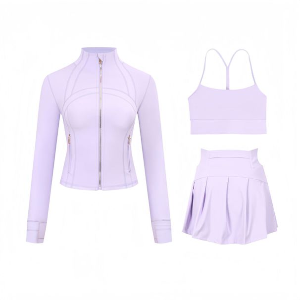 Women's 3-Piece Cropped Jacket & Skirt Set – Stand Collar Zip-Up Yoga Outfit With Y-Back Tank Top – Stretchy Nylon/Spandex Athleisure Wear_ecoleips.com