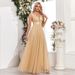 Women’s Clothing Multicolor Splicing Elastic Waist Sleeveless Double V Neck Evening Dress Tulle Embroidery Long Elegant A line Party Dress_ecoleips.com