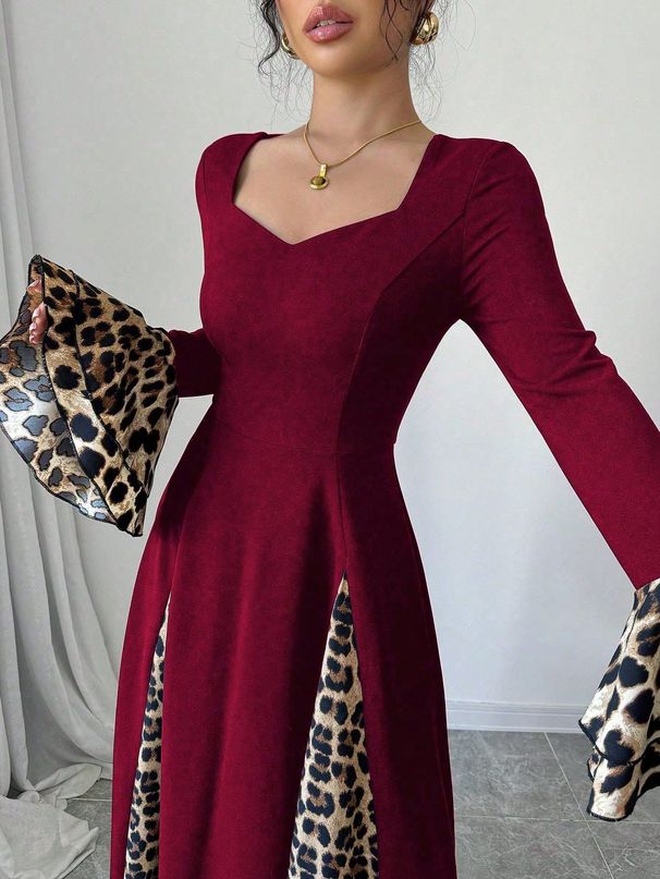 Dress: Leopard Print Color-Blocked Flared Sleeve Dress For Autumn/Winter_ecoleips.com
