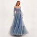 Women's Clothing One Shoulder Mesh Long Sleeved Wedding Dress Tulle Long Skirt_ecoleips.com