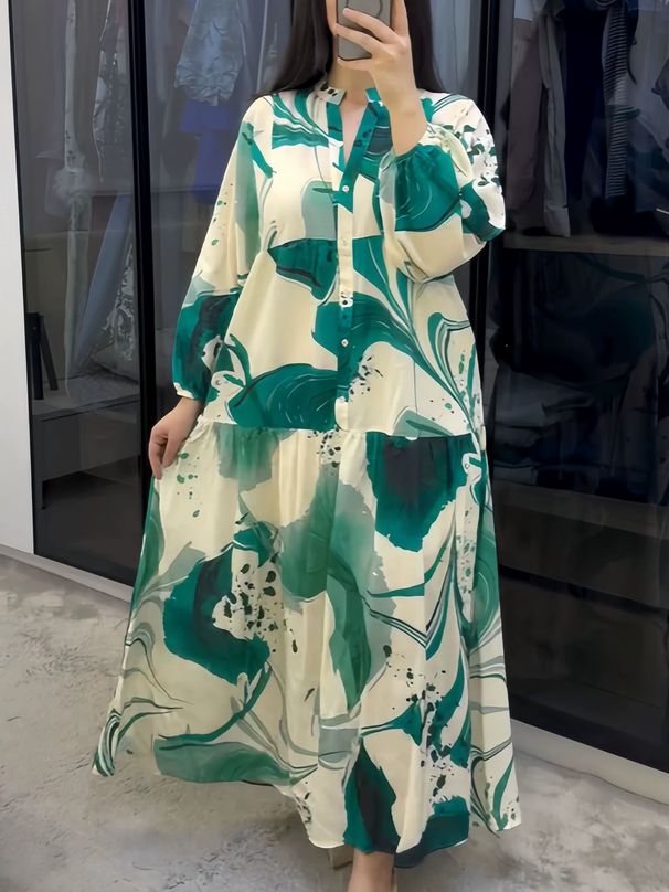 Elegant V-Neck Floral Print Maxi Dress With Long Sleeves – Comfortable Loose Fit For Casual & Office Wear_ecoleips.com