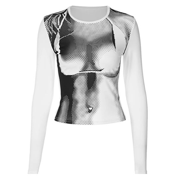 Summer 2024 Women's 3D Printed Top European American Style Street Hip Hop Retro Harajuku round Neck Long Sleeve_ecoleips.com