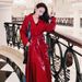 Acetate Satin Trench For Women, New Autumn Slim-fit, Lace-up, Mid-length, Double-breasted, Red, Elegant, Over-the-knee_ecoleips.com