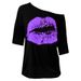 . European American Spring And Autumn Women's Retro Big Lips Print 80s Style Off-Shoulder Mid-Sleeve T-Shirt_ecoleips.com