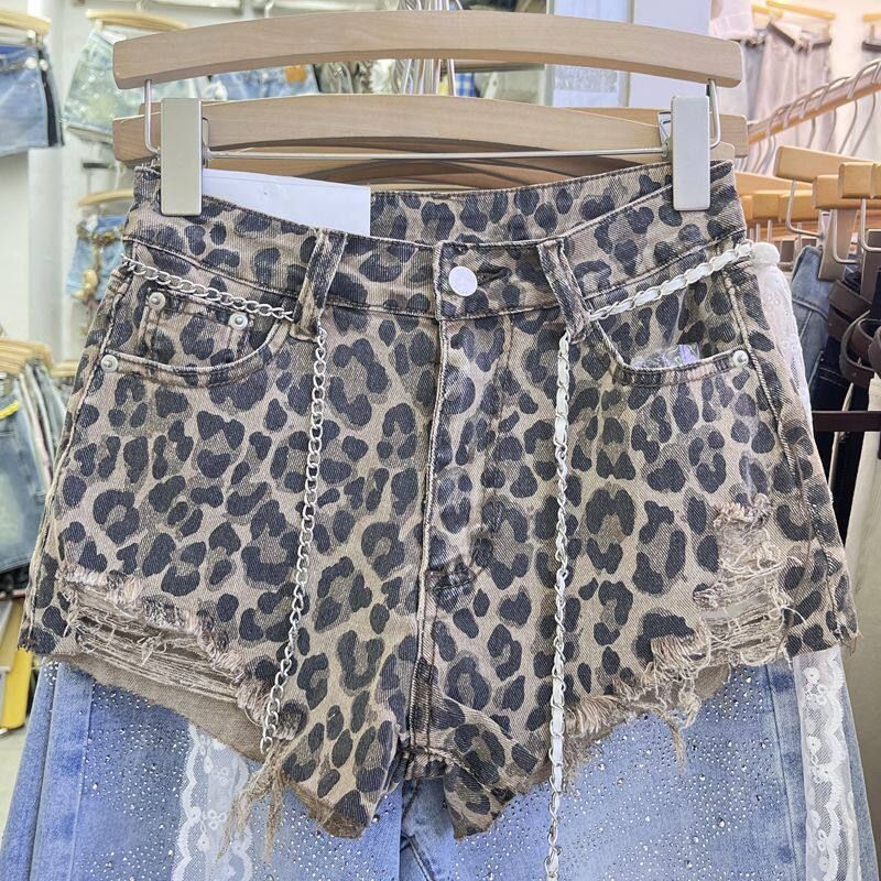 Leopard Print High-Waisted Denim Shorts for Women Summer 2026 European American Style Irregular Ripped And Frayed Wide Leg Hot Pants_ecoleips.com