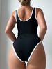 Ribbed Textured Contrast Trim Wide Strap U Neck High Cut One-Piece Swimsuit Women Summer Beach Bathing Suit_ecoleips.com