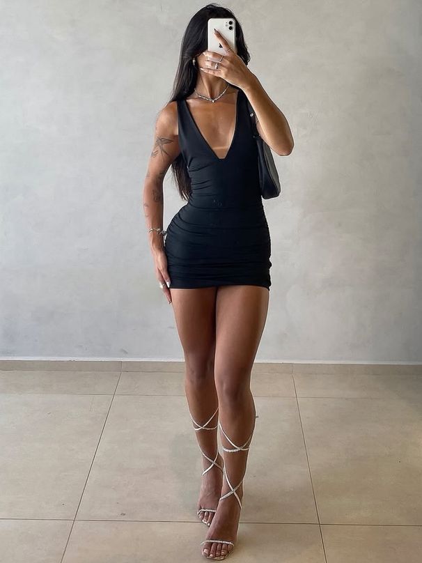 Summer New Arrival Women Clothing Sexy Fashion V Neck Waist Shirred Slim Fit Bodycon Hip Wrap Dress For Casual Formal Occasions_ecoleips.com