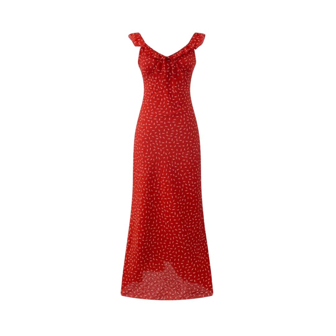 European American Style V-neck Ruffled With Chest Pleats And Tie Straps, Women's Red Floral Slim-fit Waist-cinching_ecoleips.com