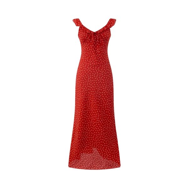 European American Style V-neck Ruffled With Chest Pleats And Tie Straps, Women's Red Floral Slim-fit Waist-cinching_ecoleips.com