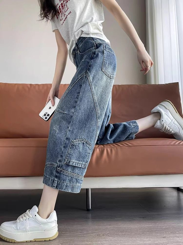 Women's Thin Patchwork Curved Blade Jeans Wide Leg Pants American Style Cropped Petite Summer 2026_ecoleips.com