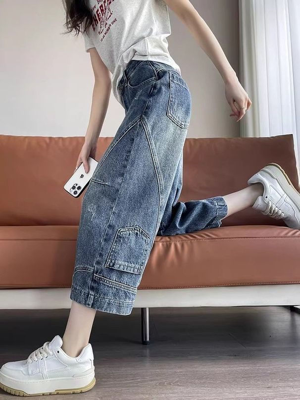Women's Thin Patchwork Curved Blade Jeans Wide Leg Pants American Style Cropped Petite Summer 2026_ecoleips.com