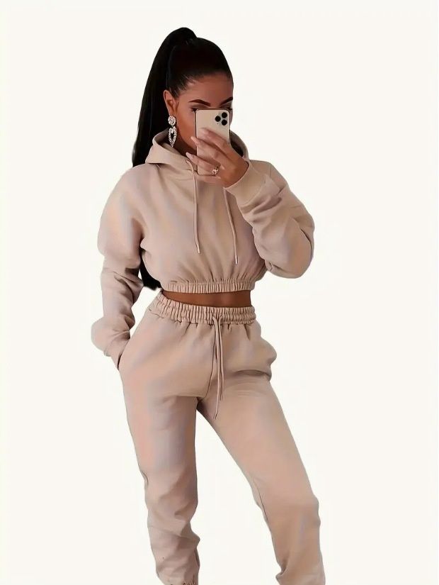 Aria Basics European American Women's Clothing Autumn And Winter Fleece-Lined Hooded Sweatshirt Casual Two-Piece Set 0006_ecoleips.com