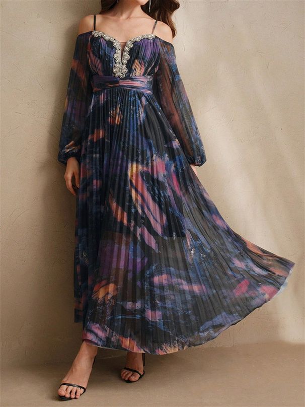 Women's Spring/Summer Spaghetti Strap Pleated Light Luxury Rhinestone Stud And Rhinestone Elegant Graded Print Dress_ecoleips.com