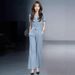 Fashionable Elegan Women's Oufi 2026 Summer New Wesern Syle V-neck Shor Sleeve Top And Wide-leg Pans Two-piece_ecoleips.com