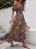 2026 Women Boho Bohemian Holiday Dress, One Shoulder Princess Sleeve Vacation Casual Maxi Dress_ecoleips.com