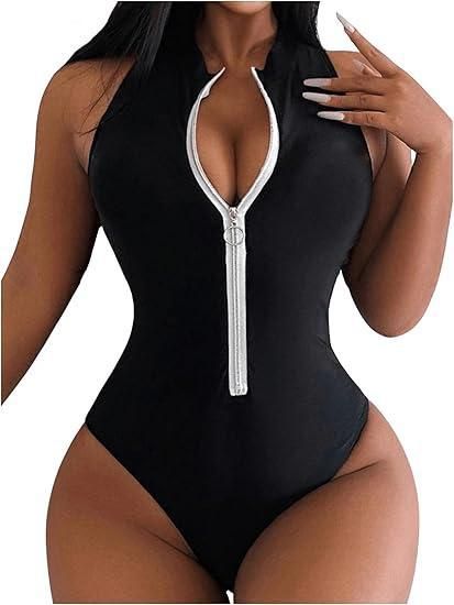 New Arrival Women's Zip-Front One-Piece Swimsuit – High-Cut Sexy Monokini With Built-In Bra (S-XXL, Black/Red)_ecoleips.com