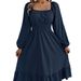 2026 Spring/Summer European And American Casual Solid Color Square Neck Long Sleeve Waist-Cinching Ruffle A-Line Dress_ecoleips.com