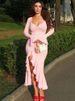 Mozision Flare Long Sleeve Ruffle Sexy Maxi Dress Women Autumn Pink V Neck Single-breasted High Waist Club Long Dresses Female_ecoleips.com