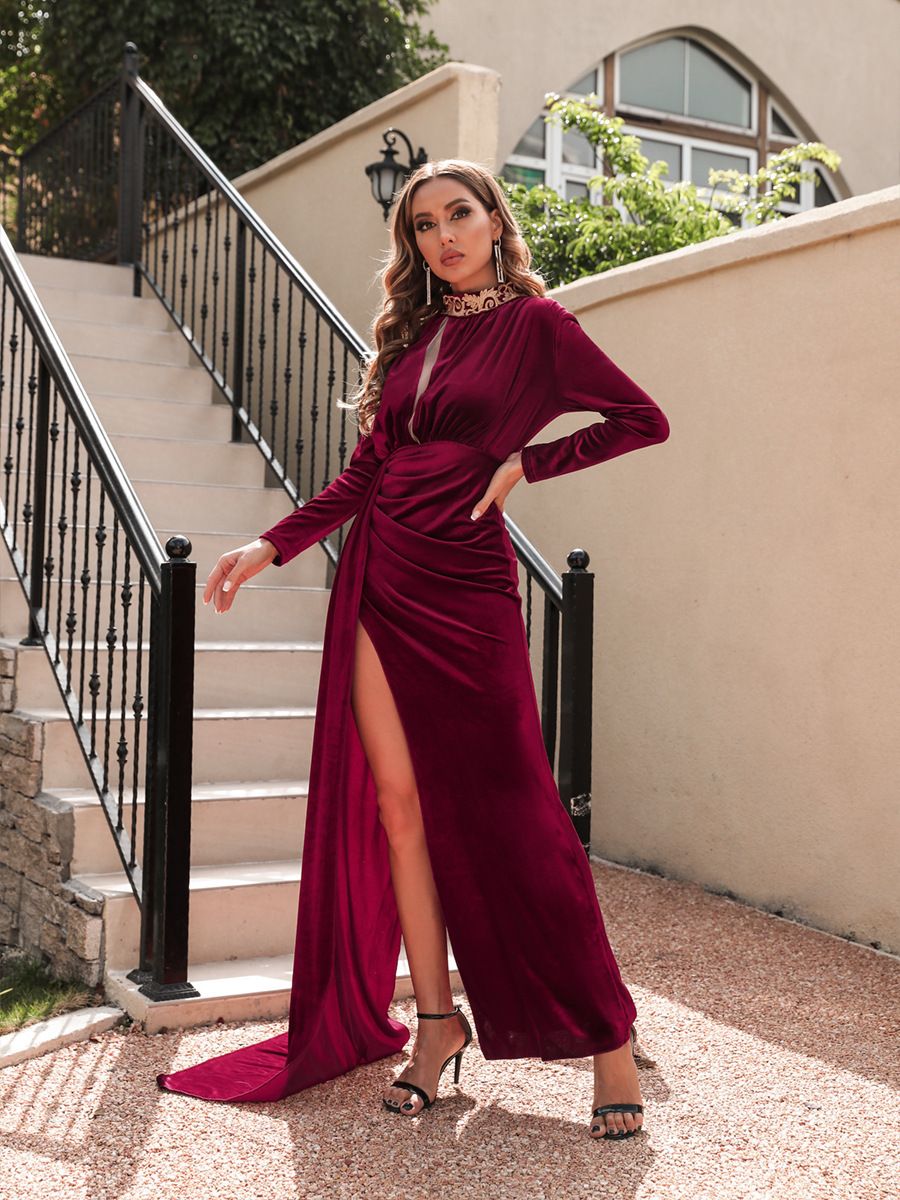 Women's Clothing Velvet Turtleneck Sexy Evening Dress_ecoleips.com