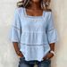 Women's Clothing Women's Casual Square Neck Top Solid Color Cotton Linen Blend Lace Trim Three Quarter Sleeve Summer Fashion For Adults_ecoleips.com
