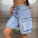 Women's Clothing High Waist Large Pockets Slim Loose Workwear Denim Shorts_ecoleips.com