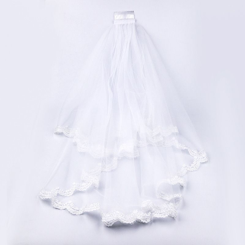 European-Style Bridal Veil With Lace Trim – Double-Layer Wedding Accessory, White Tulle With Comb, Perfect For Brides & Photo Shoots_ecoleips.com