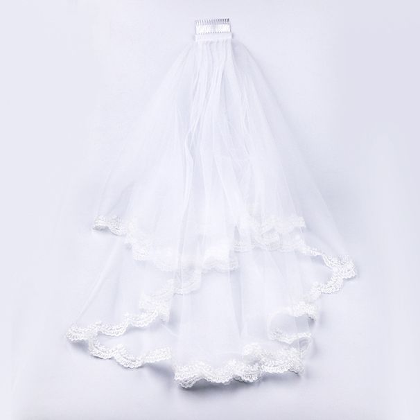 European-Style Bridal Veil With Lace Trim – Double-Layer Wedding Accessory, White Tulle With Comb, Perfect For Brides & Photo Shoots_ecoleips.com
