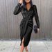Women's Sequined V Neck Mid-Length Dress Fashionable Sexy Waist And Hip Evening Prom Gown_ecoleips.com