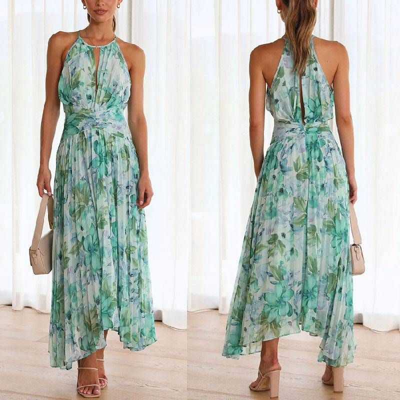 Women's Clothing Halterneck Sleeveless V Neck Printed Long Skirt Dress_ecoleips.com