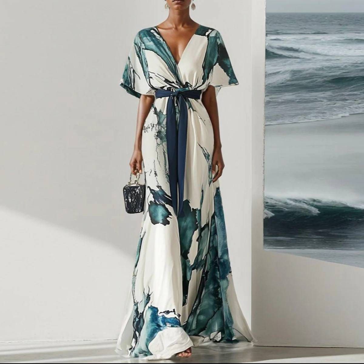 Women's Clothing V Neck Digital Printing String Short Sleeve Dress Long Skirt_ecoleips.com