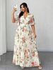 Plus-size Elegant Dress, Summer Fashion Women's Wear, Elegant And Romantic Floral Print Skirt, Short-sleeved V-neck Pleated Flowing Long Skirt, Suitable For Daily Commutes Or Party/wedding Guests, Casual Vacations._ecoleips.com