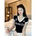 Women's Clothing Summer Women's Slim Fit V Neck T-Shirt Color Block Letter Print Hot Girl Style Short Sleeve Top Style_ecoleips.com
