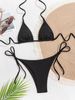 Black Ribbed Triangle String Bikini Set Women Halter Tie Side High Cut Thong Bikini 2 Piece Summer Beach Swimwear_ecoleips.com