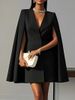 Elegant Double-breasted Shawl Cape Solid Color Suit Dress For Women In Autumn Fashion Black Deep V Neck Mini Dresses Robe Femme_ecoleips.com