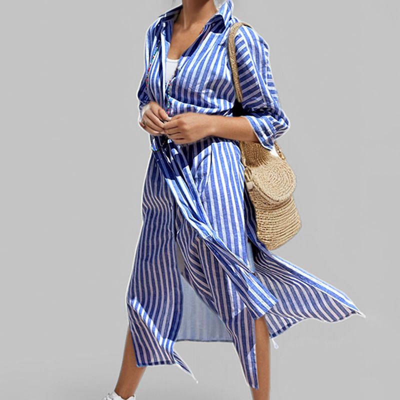 Spring Women's Fashion Striped Cardigan With Three-Quarter Sleeves And Shirt Collar Dress_ecoleips.com