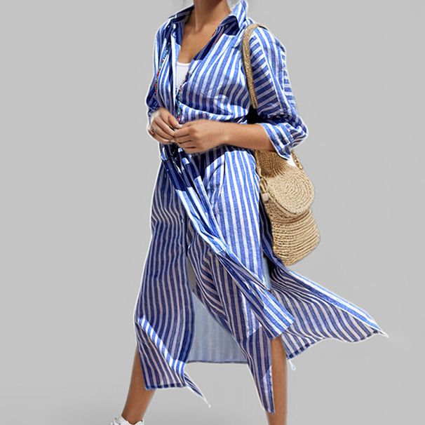 Spring Women's Fashion Striped Cardigan With Three-Quarter Sleeves And Shirt Collar Dress_ecoleips.com