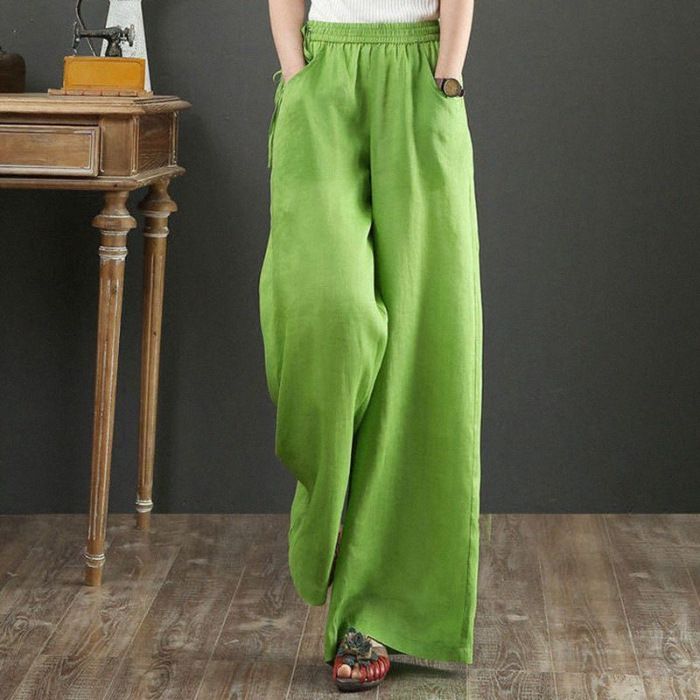 Suitable For All Seasons 2024 Summer Autumn Solid Color Cotton Wide Leg Women Floor-Length Linen Long Pants Plus Size_ecoleips.com