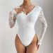 Sexy Solid Color Lace Long Sleeve Spice Girl Perspective Slim Fit Onesie_ecoleips.com