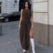 Womn's Fashion 2025 Summr Nw Fashionabl Prsonality Slit Ruchd Slim Fit Round Nck Slvlss Drss_ecoleips.com