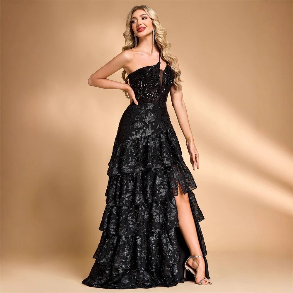 Elegant Off-Shoulder Dress for Women European American Style with Luxurious Slit for Cocktail Parties Banquets Graduation Cake Skirts_ecoleips.com