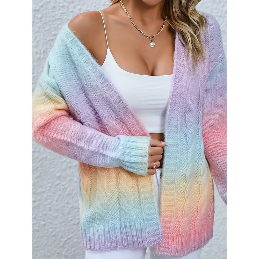 Autumn And Winter European And American Foreign Trade Sweater Women's Cardigan JacketCross Border Rainbow Tie Dye Twist Long Sleeved Knitted Sweater_ecoleips.com
