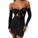 Women's Strapless Off-Shoulder Long Sleeve Lace-Up Pleated Dress American Style Sexy Casual Elegant Fashion_ecoleips.com