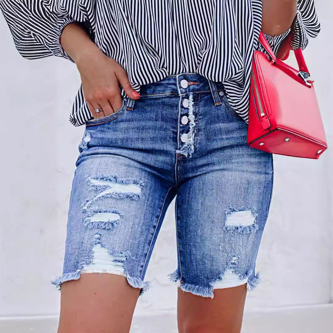 Women's Clothing "Women's Slim Fit Button Fly Denim Shorts With Distressed Hem & Ripped Details - Mid Rise Stretch Jeans Shorts For Streetwear Fashion_ecoleips.com