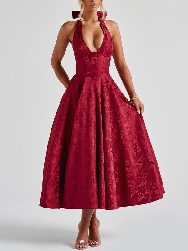 Women's Clothing V Neck Halter Neck Jacquard Dress High End Evening Dress Spring And Summer Temperament Sleeveless Backless Waist Long Dress_ecoleips.com