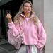 French Minimalist Oversized Women's Casual Sweatshirt - Soft Fleece Pullover With Zip Collar, Loose Fit Long Sleeve Top For Streetwear & Workwear_ecoleips.com