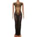 Women's Clothing Sexy Sheer Gold Sequin Embellished Elegant Evening Dress High Waist Long Gown With Rhinestone Details For Parties & Special Occasions_ecoleips.com