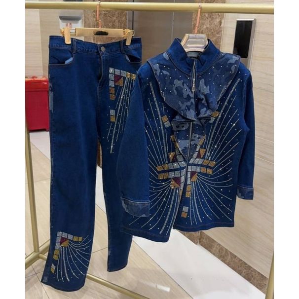 Women's Clothing Trendy Denim Suit Set For Women - Long Sleeve Top & Flared Pants With Stretch Comfort, Plus Size Blue Jeans Outfit_ecoleips.com