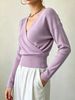 Lilac Lavender Deep V Wrap Pit Rib Knit Sweater, Loose Lightweight Breathable Soft Skin-touch Long Sleeve Slim Waist Pullover_ecoleips.com