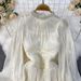 Korean Style Beaded Lantern Sleeve Stand up Collar Dress Waist Cinching a Line Glossy Beach Vacation Dress_ecoleips.com