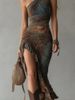 New Women's Retro Patchwork Print Asymmetrical Long Dress Style Slim Fit High Slit Fashion_ecoleips.com